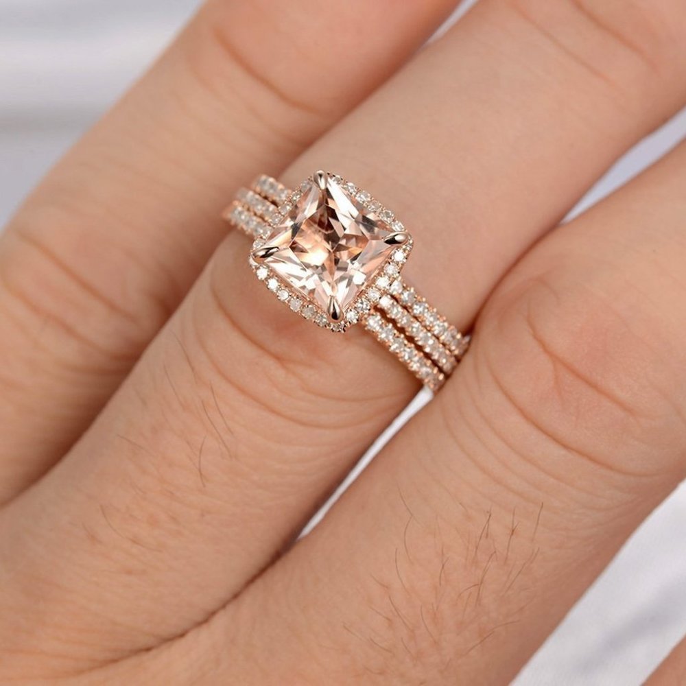 *NEW 18K Rose Gold Cushion Morganite 3PC Ring Set - Picture 2 of 4